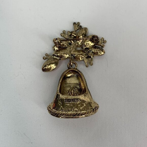 Monet 1990's Holiday Bell Bejeweled Christmas Brooch Pin Golf Tone Red Green 2" - Picture 3 of 6